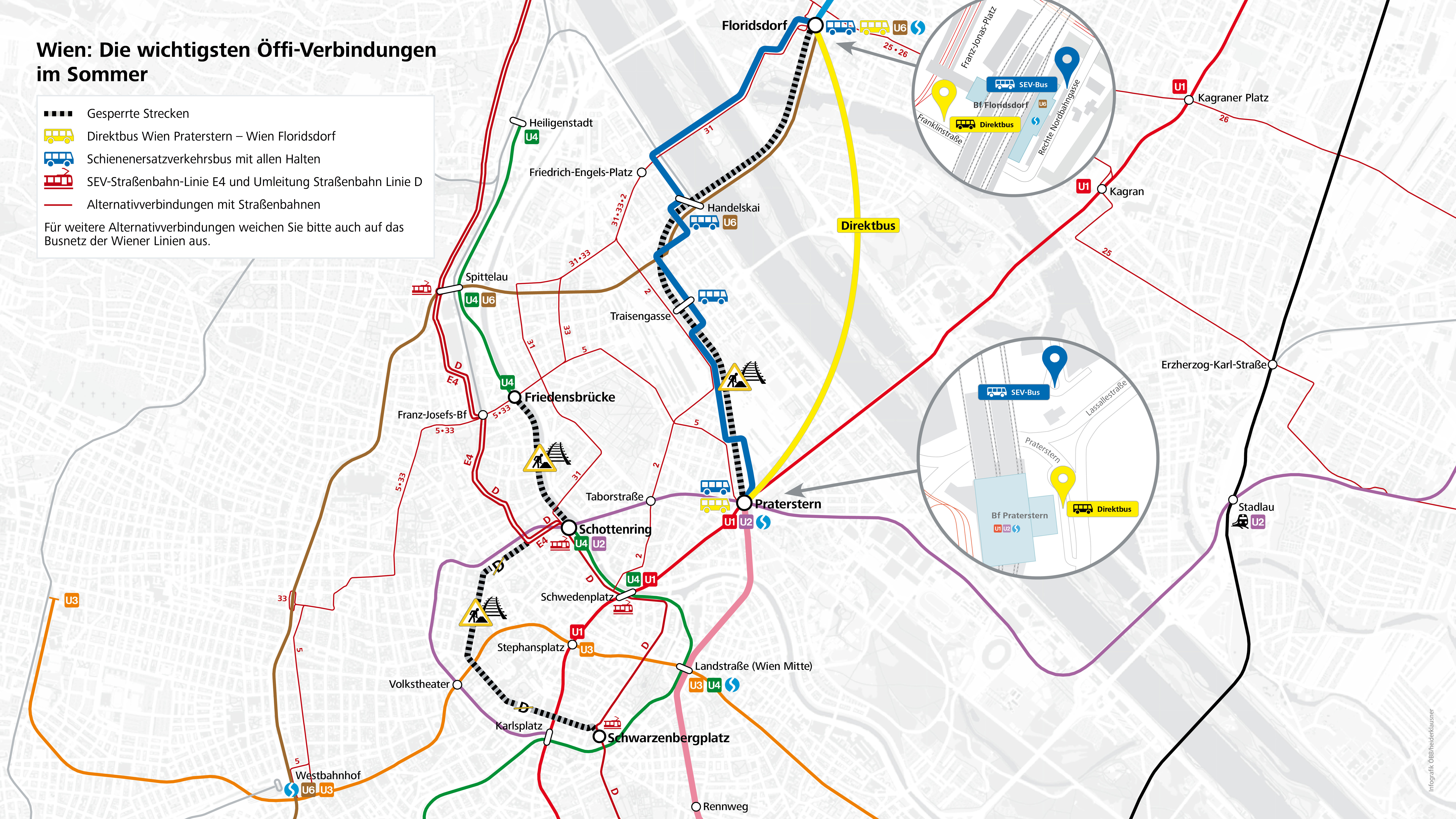 INFRA Karten Sommersperre Wien mit SEV (=Schienenersatzverkehr)
